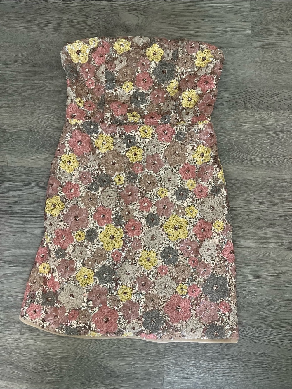 Strapless Floral Sequin Mini Dress - Pink, Yellow & Gray